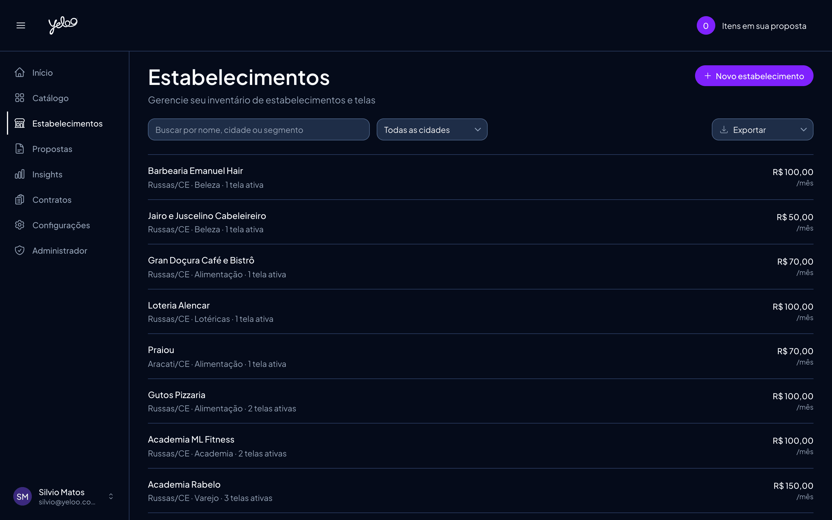 Inventário de estabelecimentos no Geradooh com lista de locais, telas e status